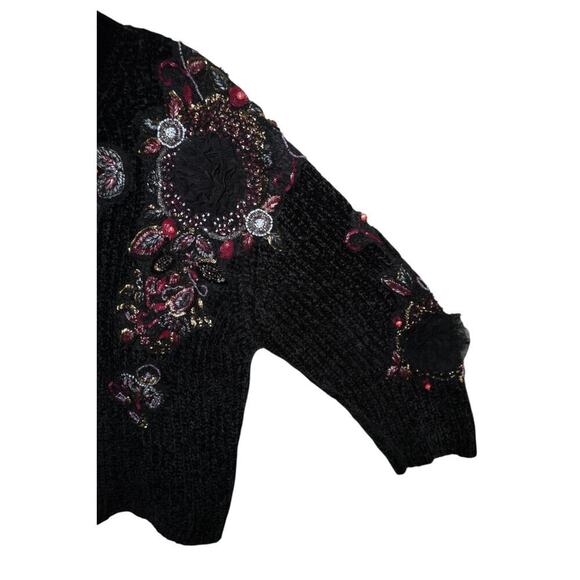 Zara Black Chenille Embellished Sweater Women’s M Beaded Sequin Velvet Floral - Picture 8 of 10